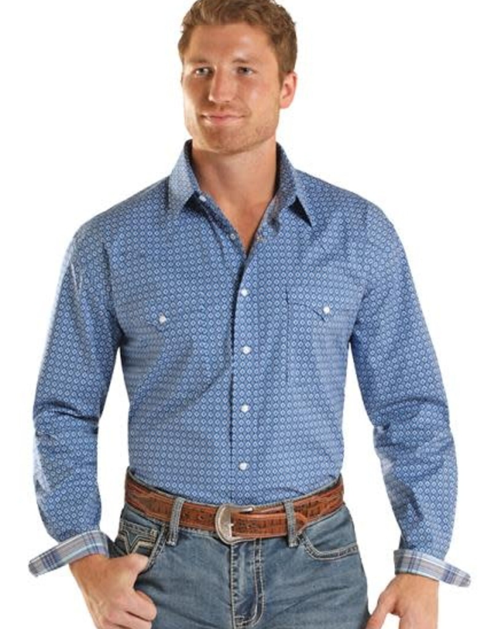 Mens Panhandle Roughstock Two Pocket Stretch Blue Diamond Print Long Sleeve Snap Western Shirt