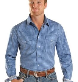Mens Panhandle Roughstock Two Pocket Stretch Blue Diamond Print Long Sleeve Snap Western Shirt