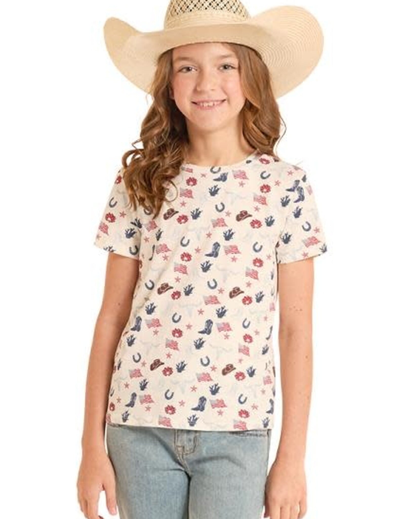 Girls Rock & Roll Western American Print Short Sleeve T Shirt