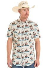 Mens Rock & Roll Western Cowboy Print Short  Sleeve Snap Shirt