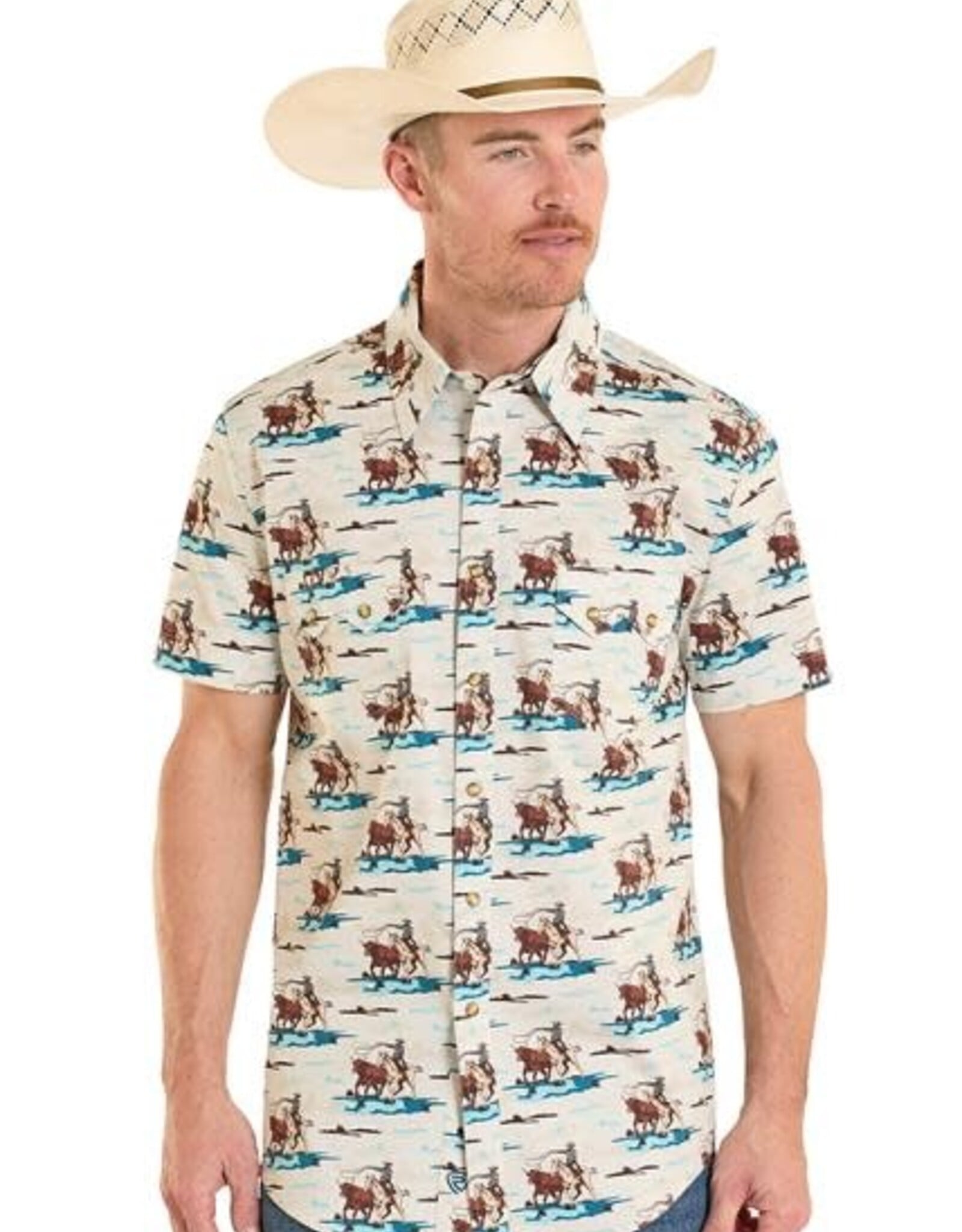 Mens Rock & Roll Western Cowboy Print Short  Sleeve Snap Shirt