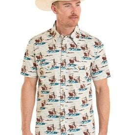 Mens Rock & Roll Western Cowboy Print Short  Sleeve Snap Shirt