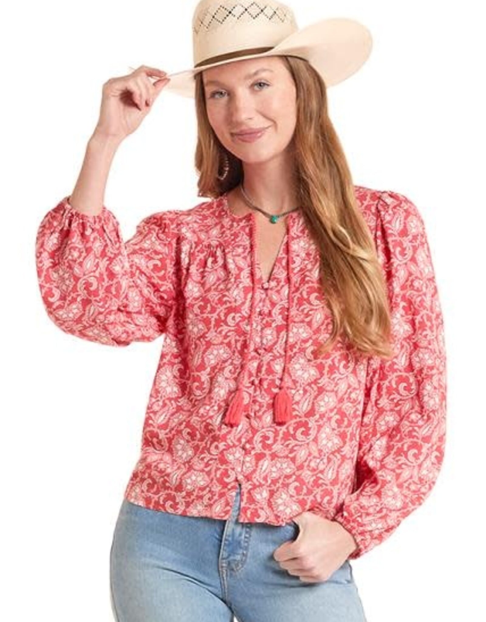 Womens Panhandle Slim Coral Floral Paisley Long Sleeve Blouse