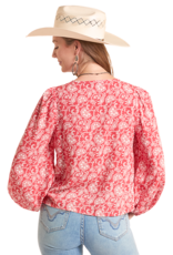 Womens Panhandle Slim Coral Floral Paisley Long Sleeve Blouse