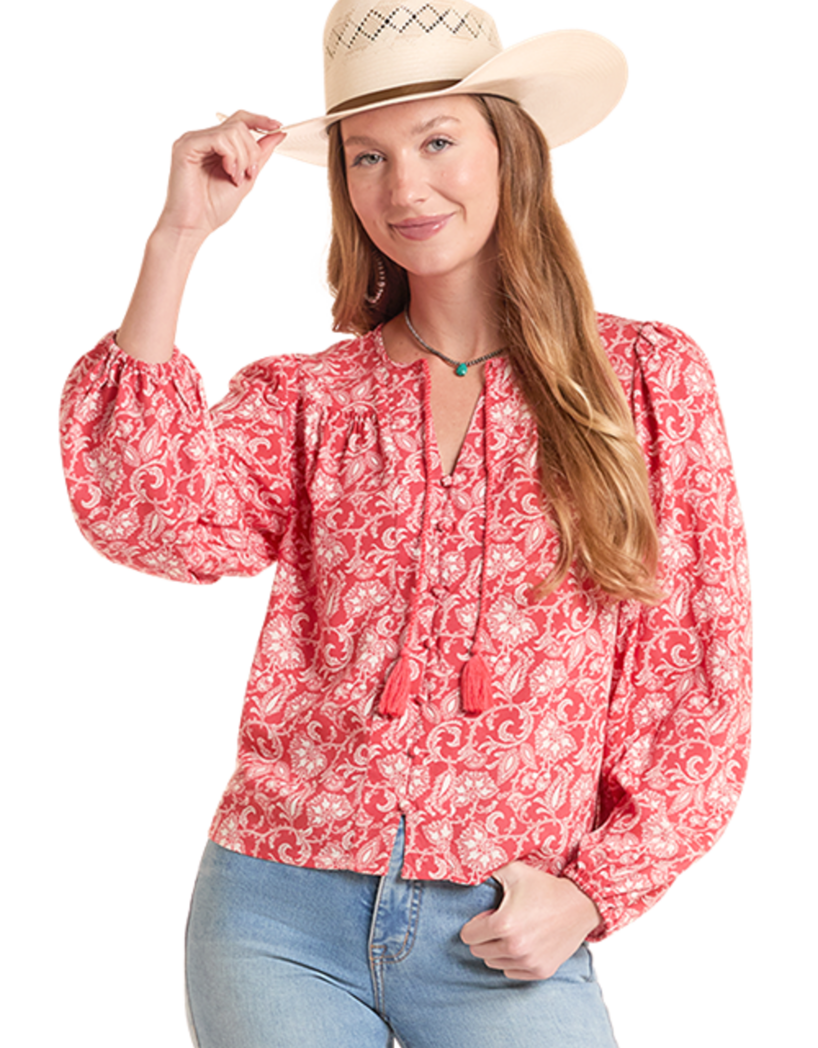 Womens Panhandle Slim Coral Floral Paisley Long Sleeve Blouse