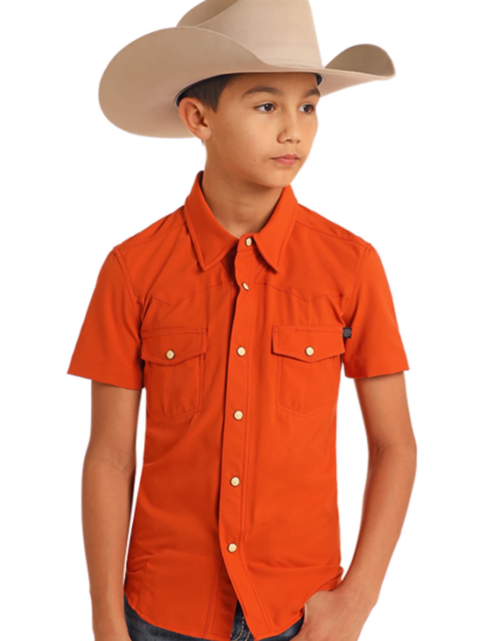 Boys Rock N Roll Burnt Orange TEK Western Short Sleeve Snap Shirt