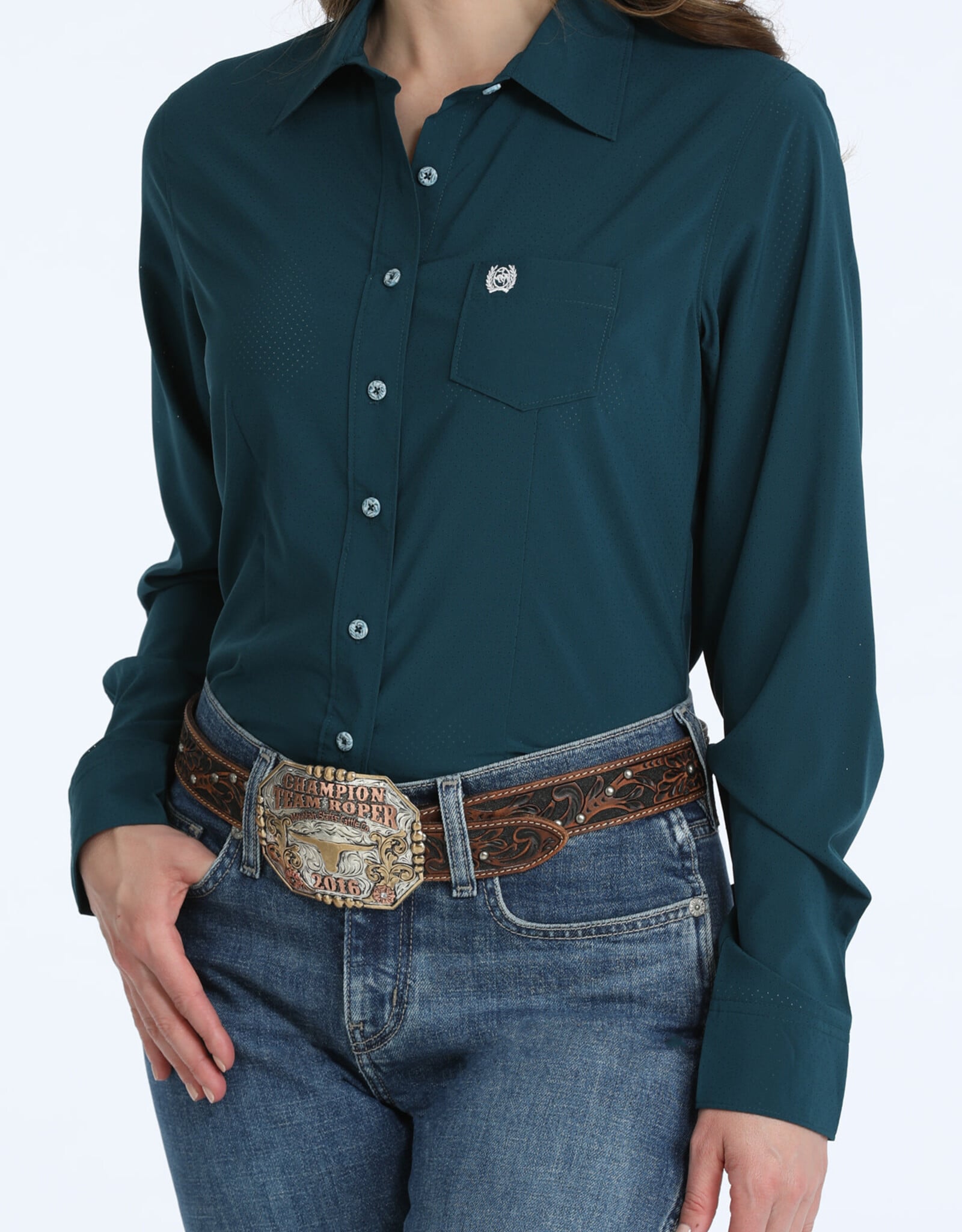 Cinch Womens Cinch Teal Perforated Arenaflex Long Sleeve Button Arena Shirt