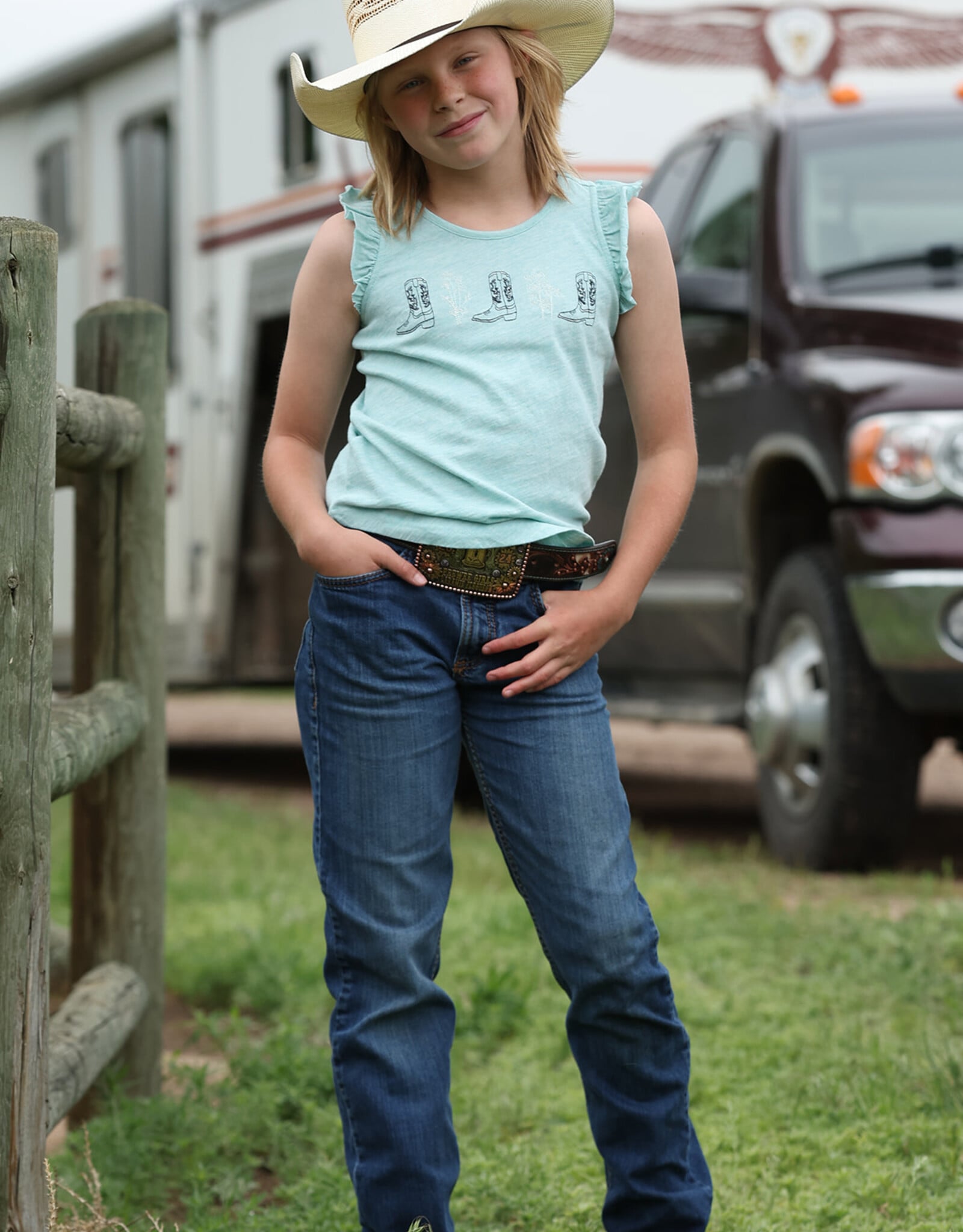 Cruel Girl Girls Heather Blue Cowboy Boot Ruffle Sleeve Tank Top