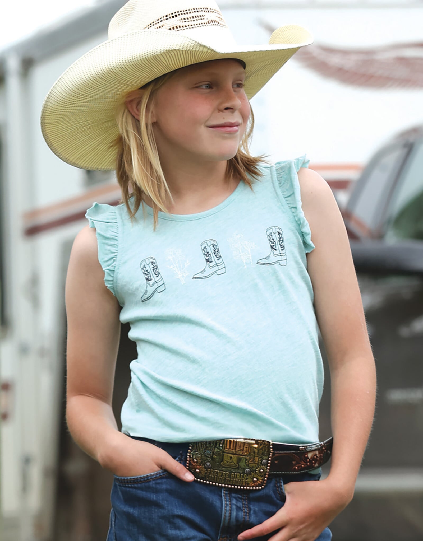 Cruel Girl Girls Heather Blue Cowboy Boot Ruffle Sleeve Tank Top