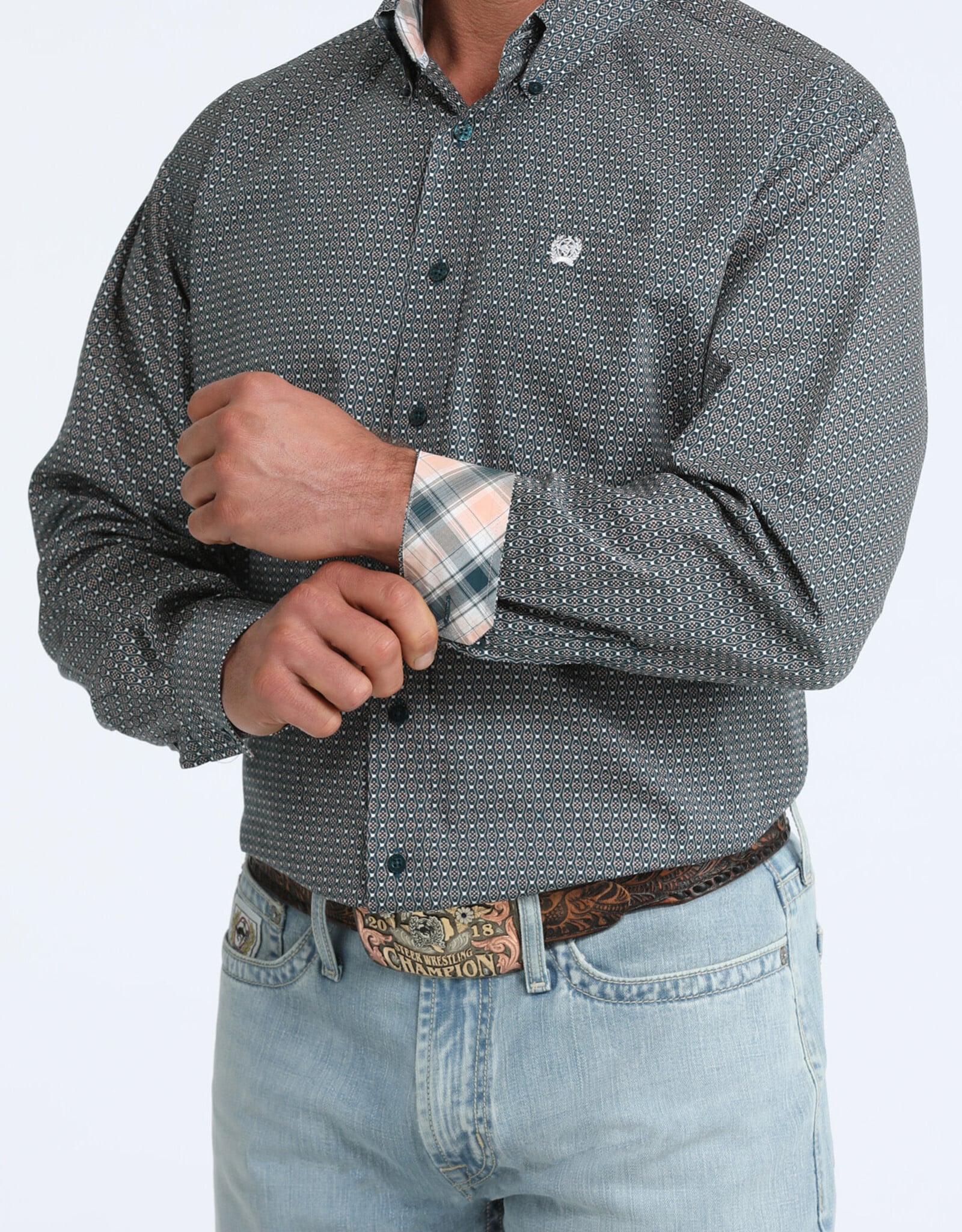 Cinch Mens Classic Cinch Teal Geo Print Long Sleeve Western Button Shirt