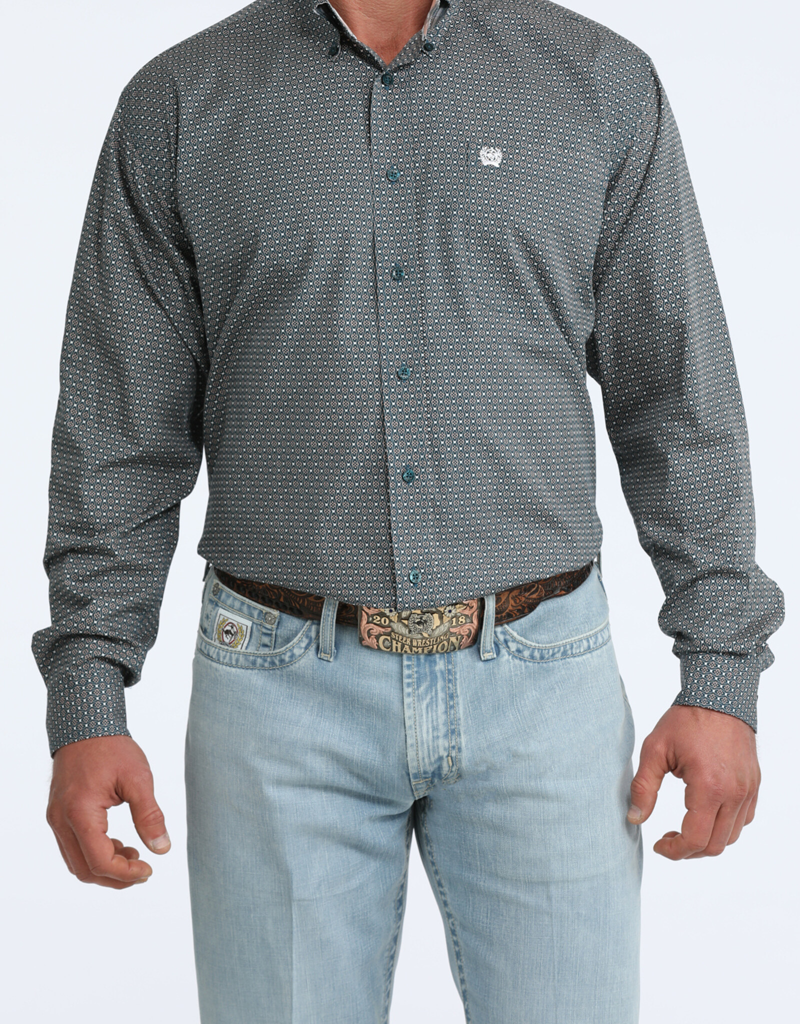 Cinch Mens Classic Cinch Teal Geo Print Long Sleeve Western Button Shirt