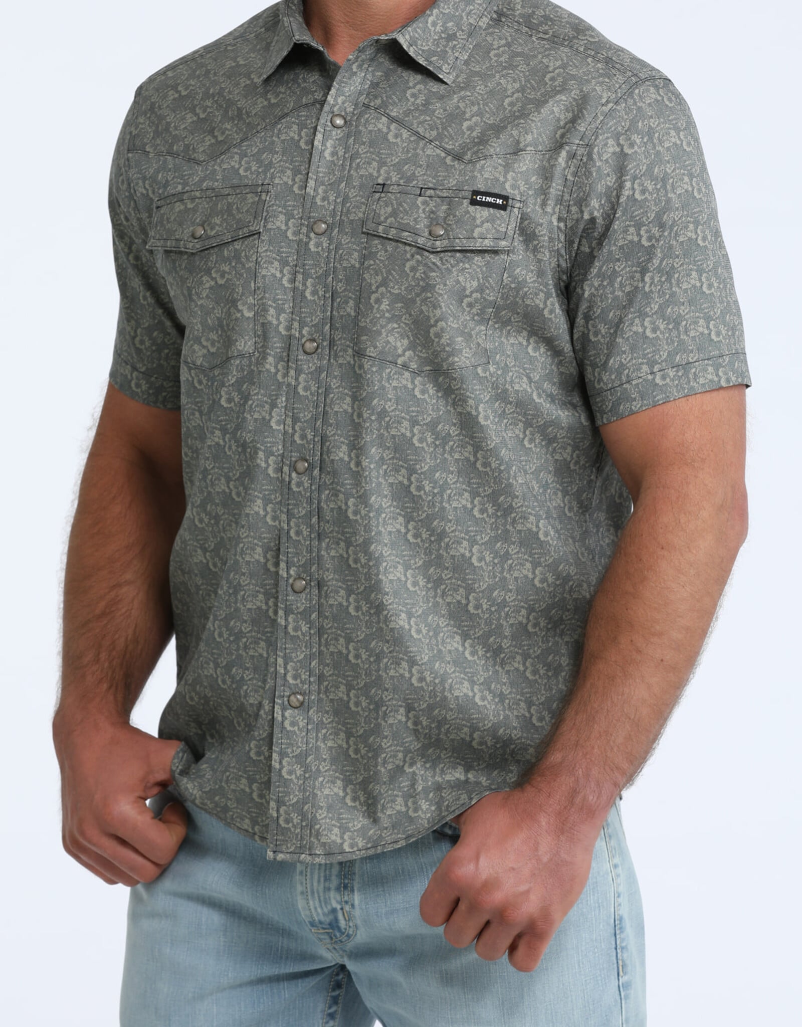 Cinch Mens Cinch Navy Print Vented Short Sleeve Western Snap Camp Shirt