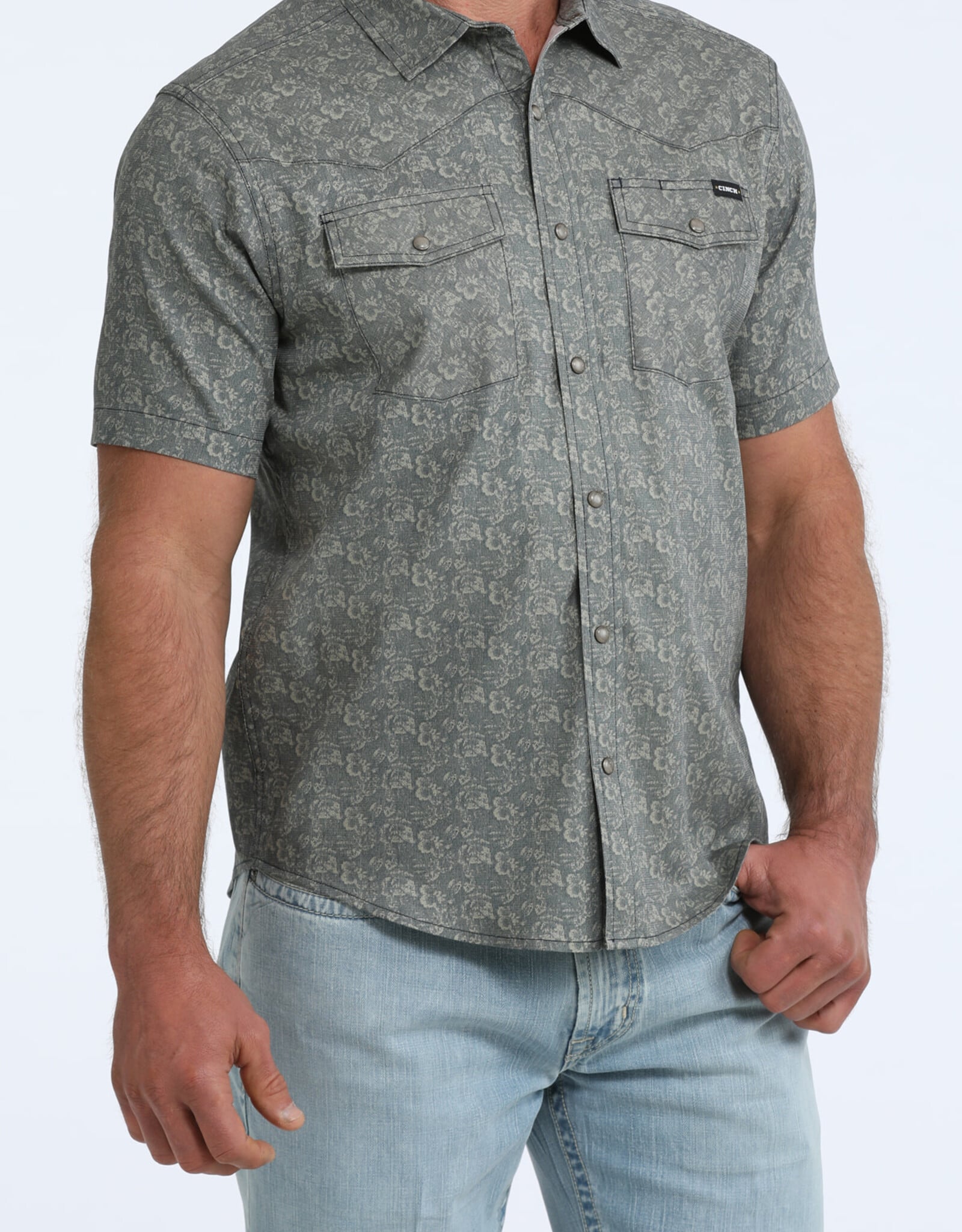 Cinch Mens Cinch Navy Print Vented Short Sleeve Western Snap Camp Shirt