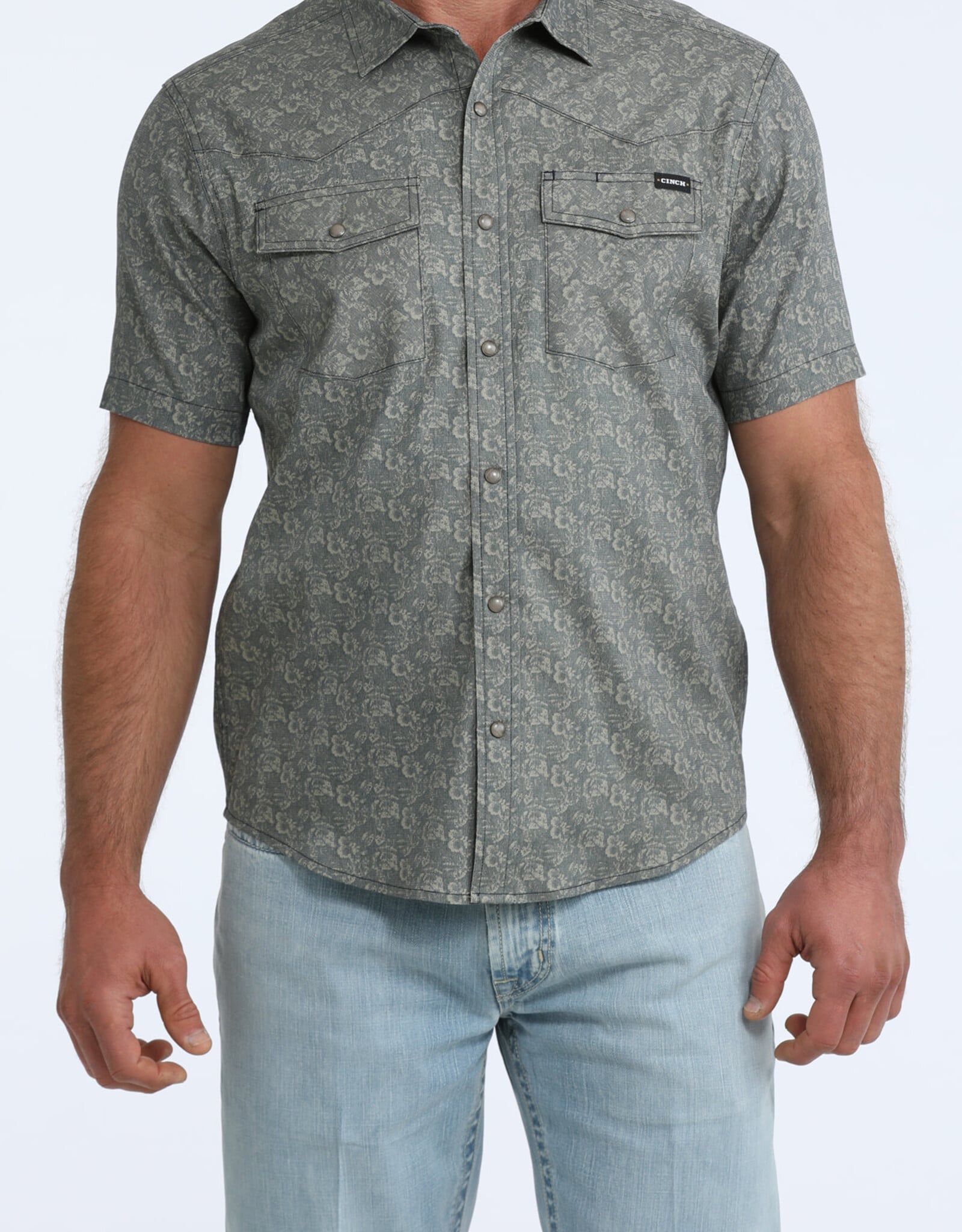 Cinch Mens Cinch Navy Print Vented Short Sleeve Western Snap Camp Shirt