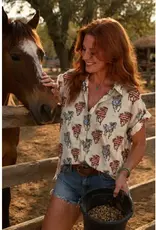 Cotton & Rye Outfitters Womens Red White Blue Running Horse Short Sleeve Camp Shirt