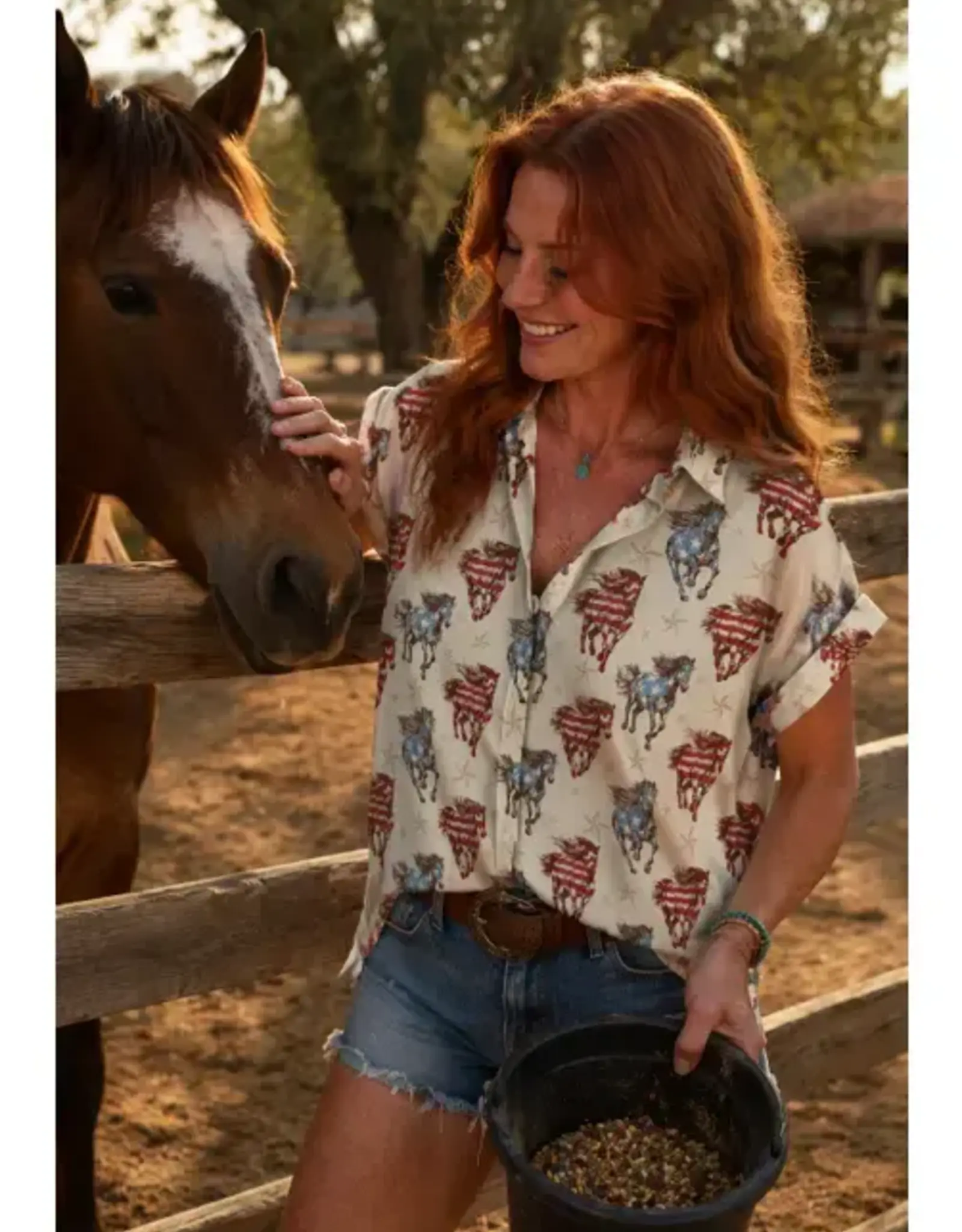 Cotton & Rye Outfitters Womens Red White Blue Running Horse Short Sleeve Camp Shirt