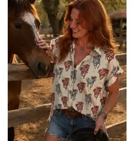 Cotton & Rye Outfitters Womens Red White Blue Running Horse Short Sleeve Camp Shirt