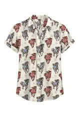 Cotton & Rye Outfitters Womens Red White Blue Running Horse Short Sleeve Camp Shirt