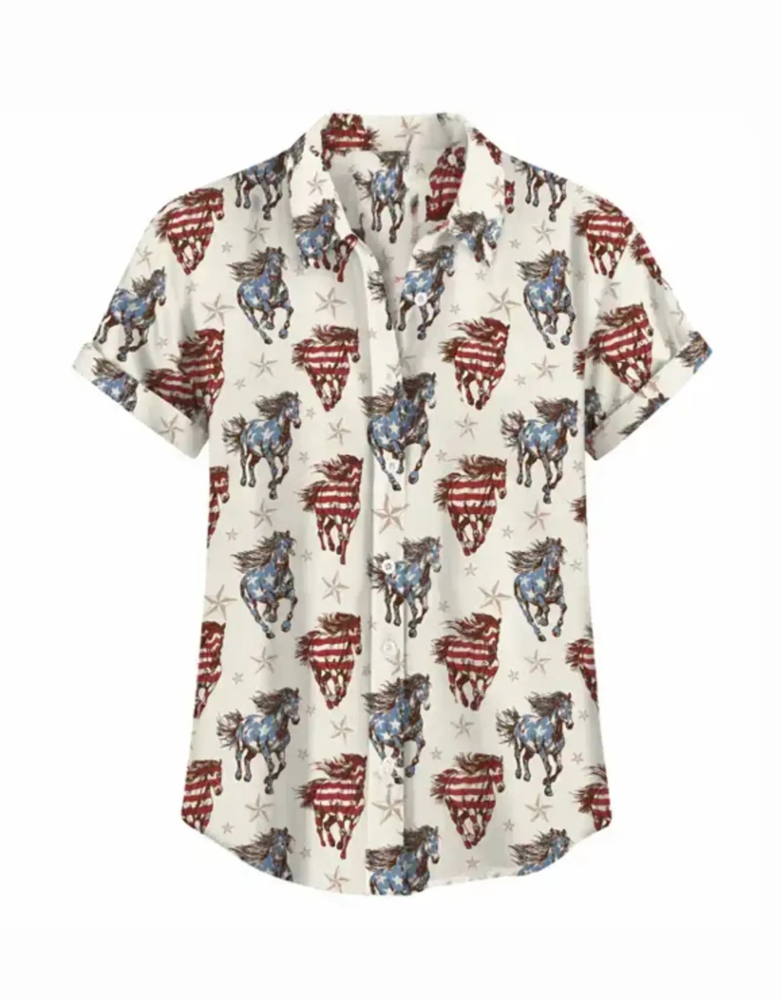 Cotton & Rye Outfitters Womens Red White Blue Running Horse Short Sleeve Camp Shirt