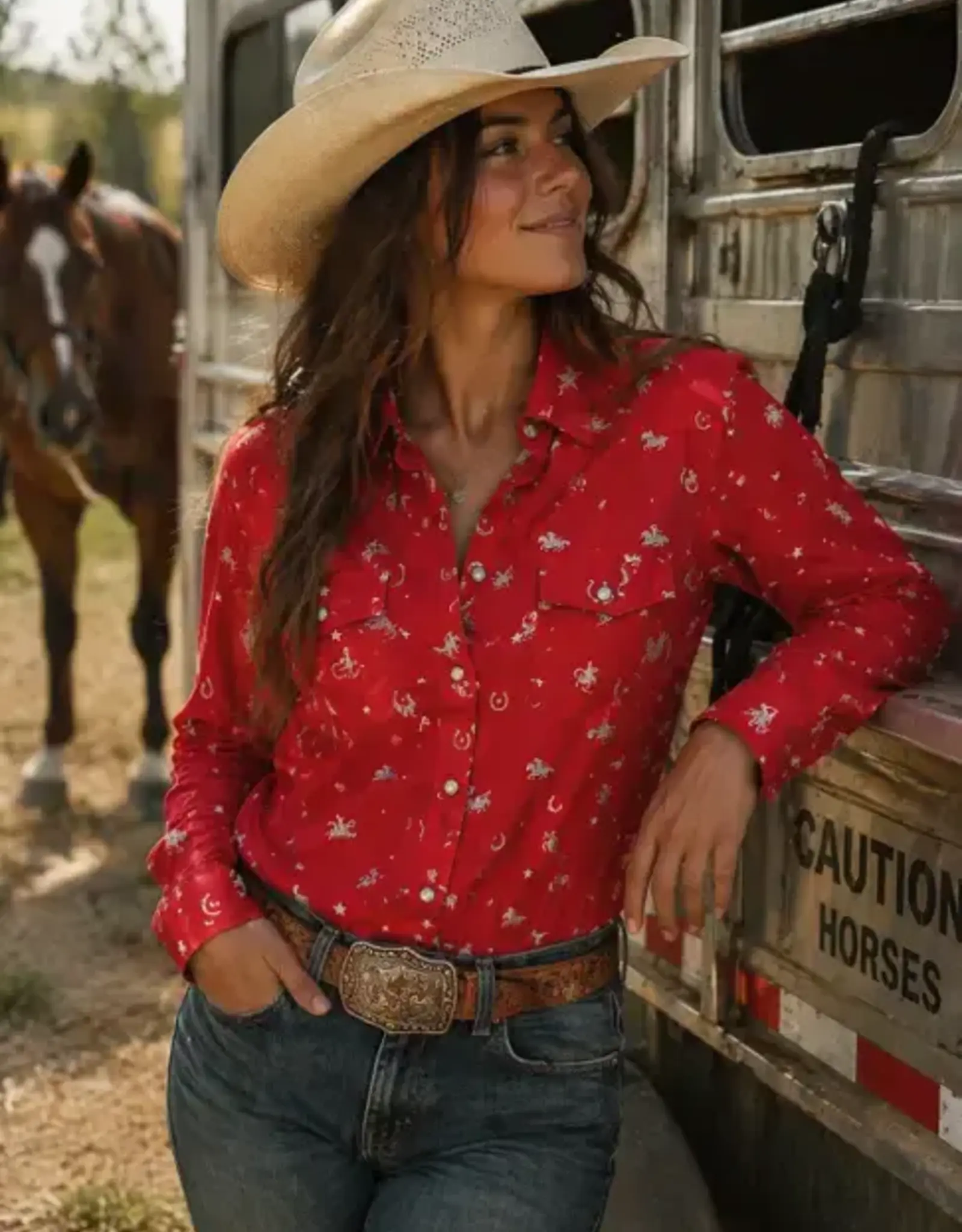 Cotton & Rye Outfitters Womens Red Stars and Cowboys Americana Long Sleeve Snap Western Shirt