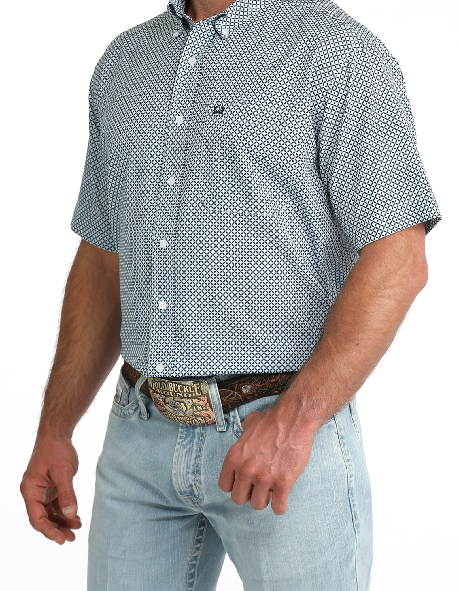 Cinch Mens Cinch Light Blue Print Short Sleeve Arena Flex Western Button Shirt