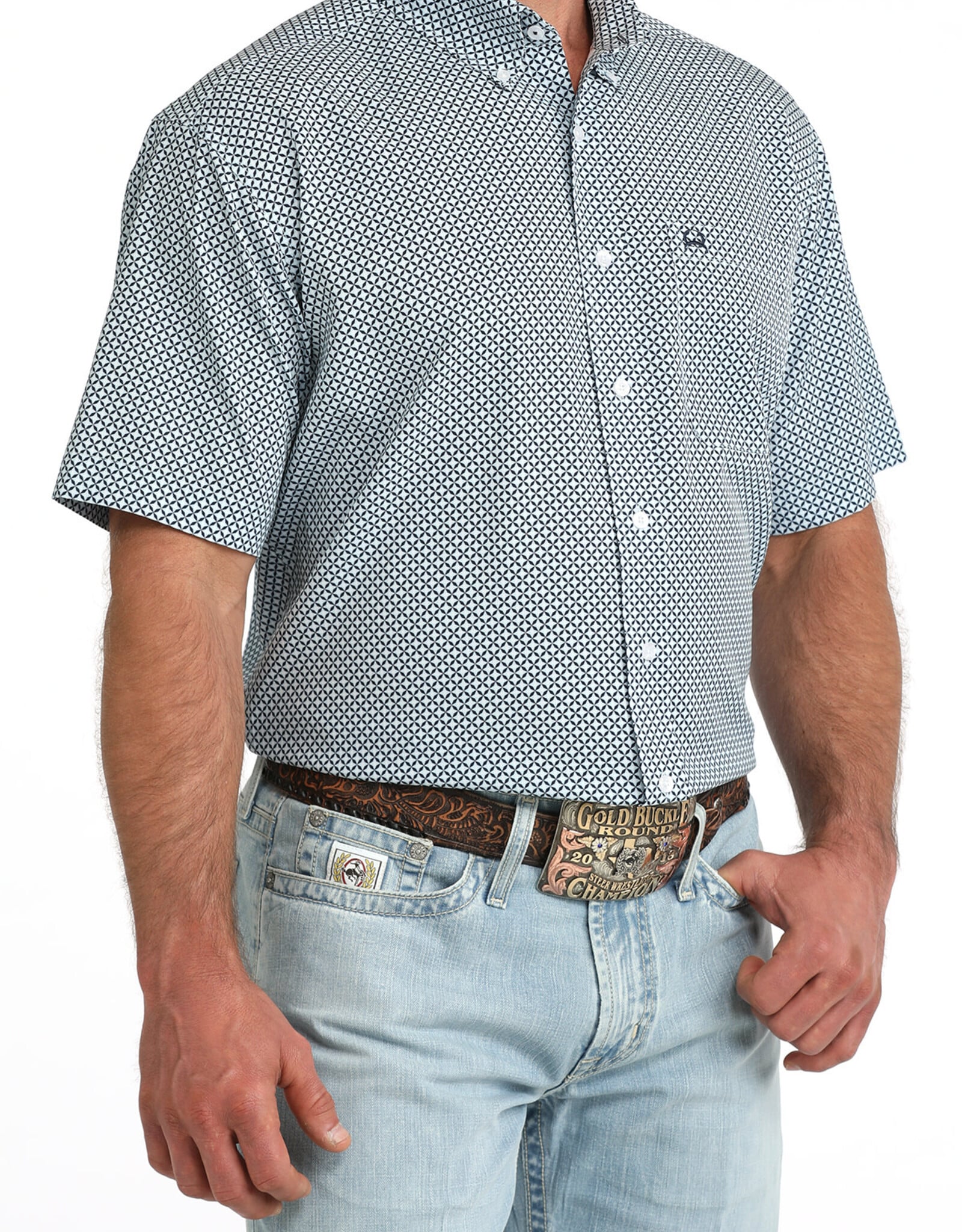 Cinch Mens Cinch Light Blue Print Short Sleeve Arena Flex Western Button Shirt