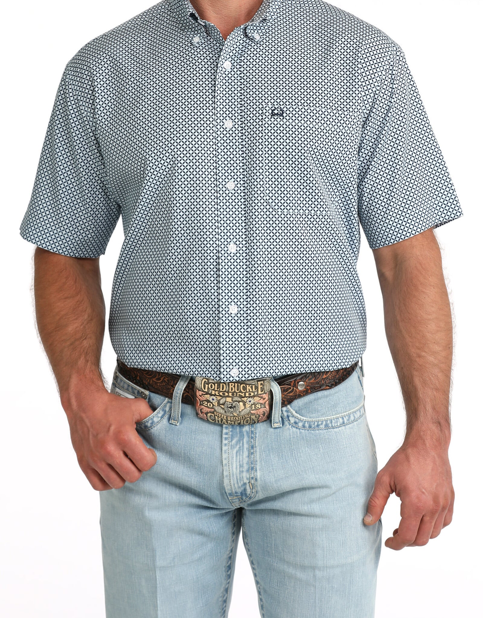 Cinch Mens Cinch Light Blue Print Short Sleeve Arena Flex Western Button Shirt
