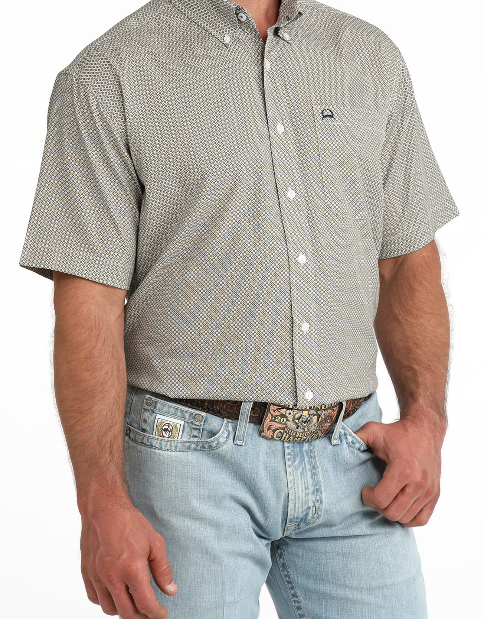 Cinch Mens Cinch Gold Navy Print Short Sleeve Arena Flex Western Button Shirt