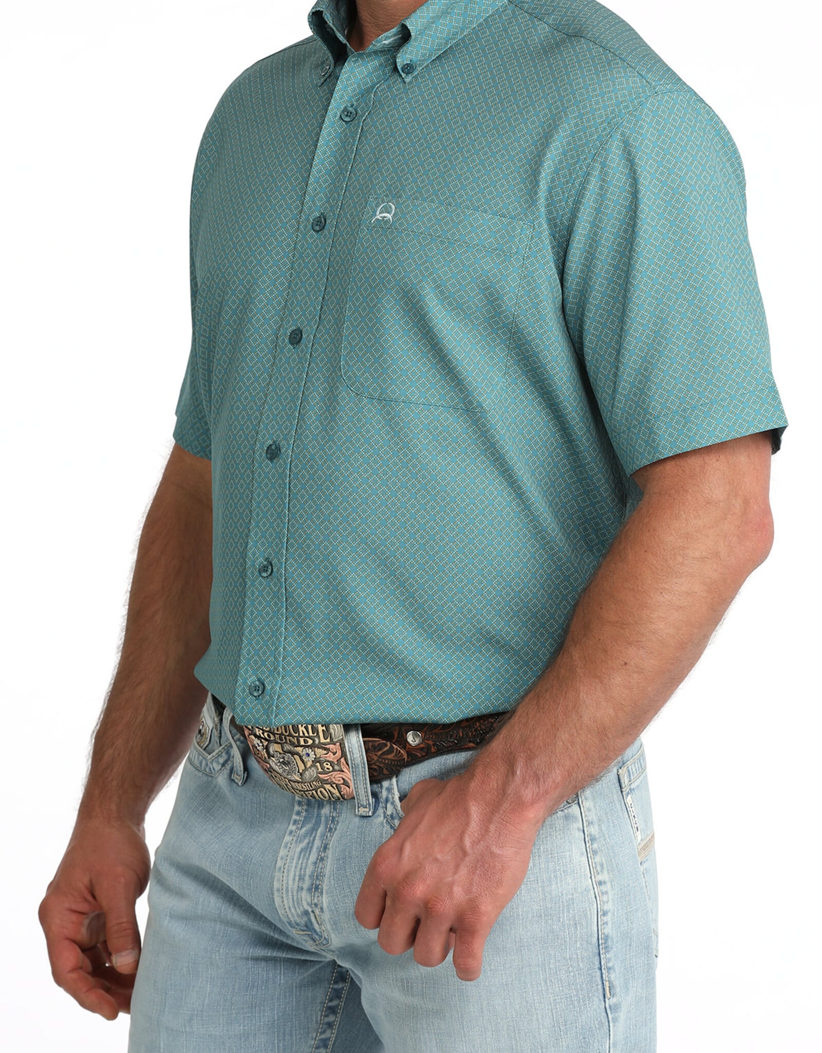 Cinch Mens Cinch Teal Print Short Sleeve Vented Arena Flex Western Button Shirt
