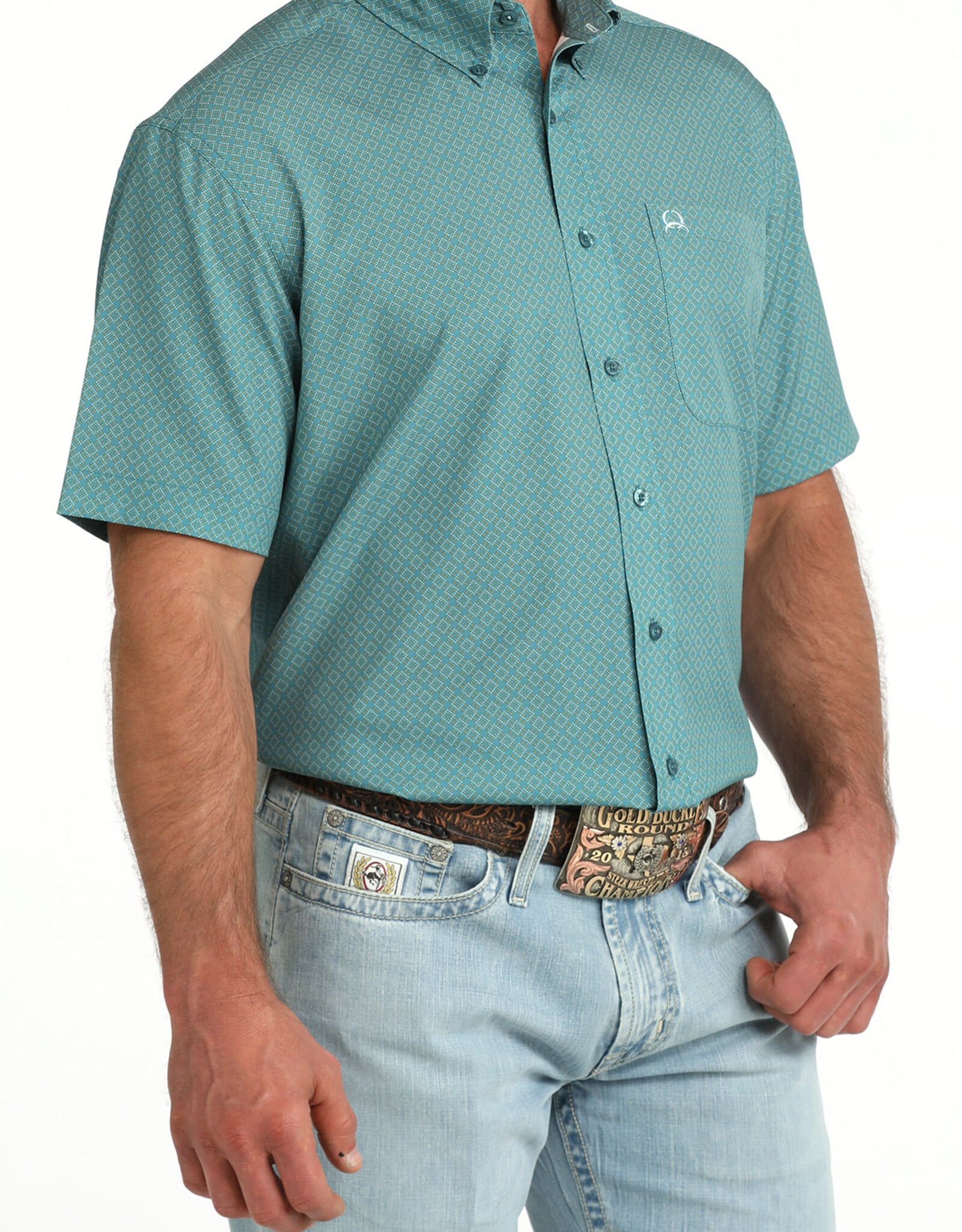 Cinch Mens Cinch Teal Print Short Sleeve Vented Arena Flex Western Button Shirt