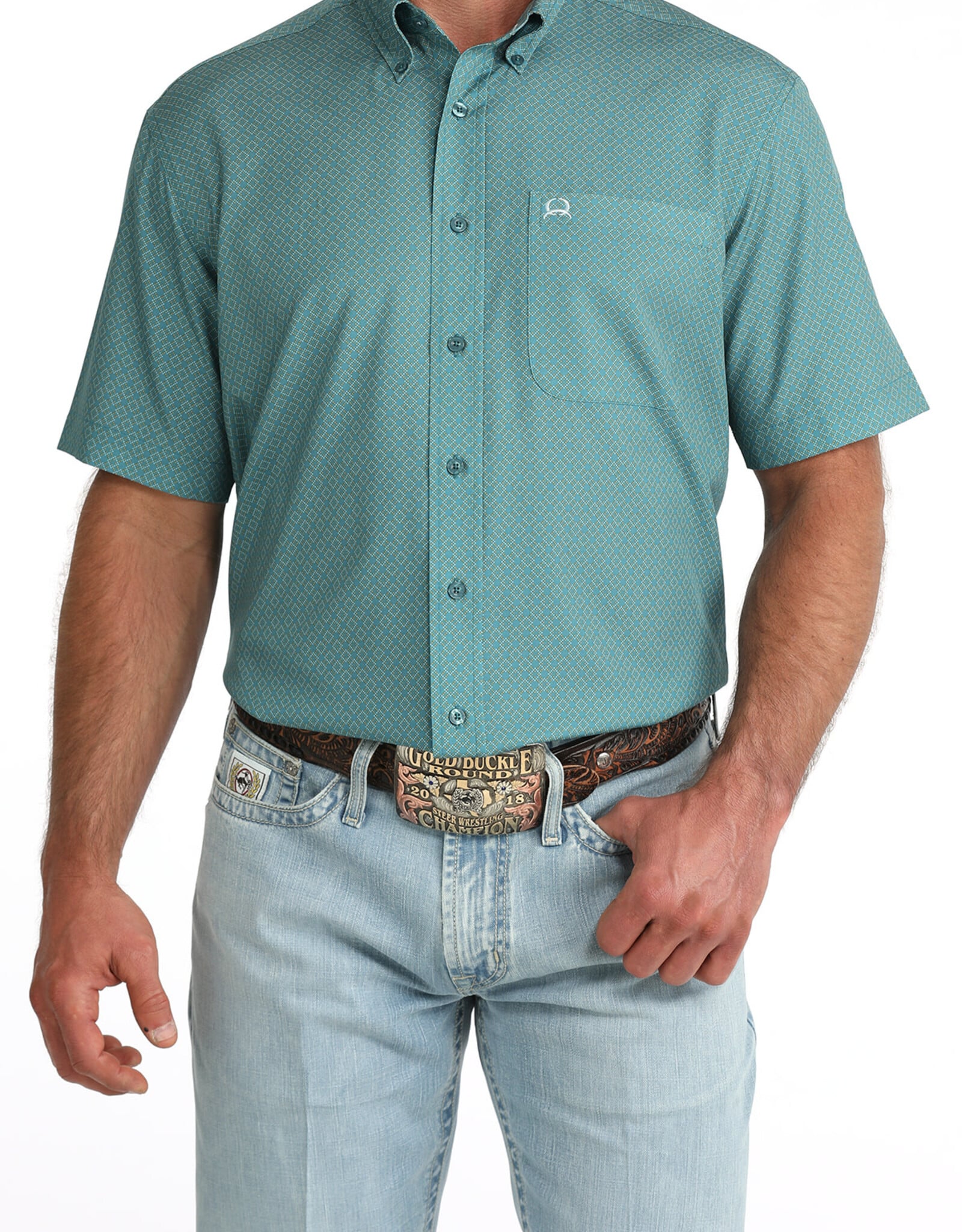 Cinch Mens Cinch Teal Print Short Sleeve Vented Arena Flex Western Button Shirt
