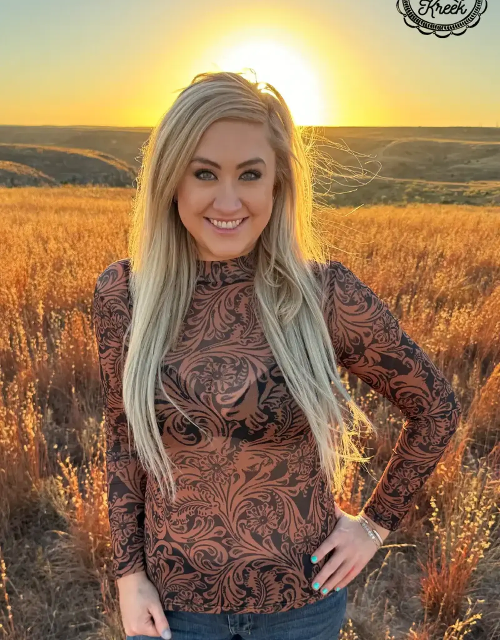 Womens Country Road Leather Long Sleeve Mesh Shirt
