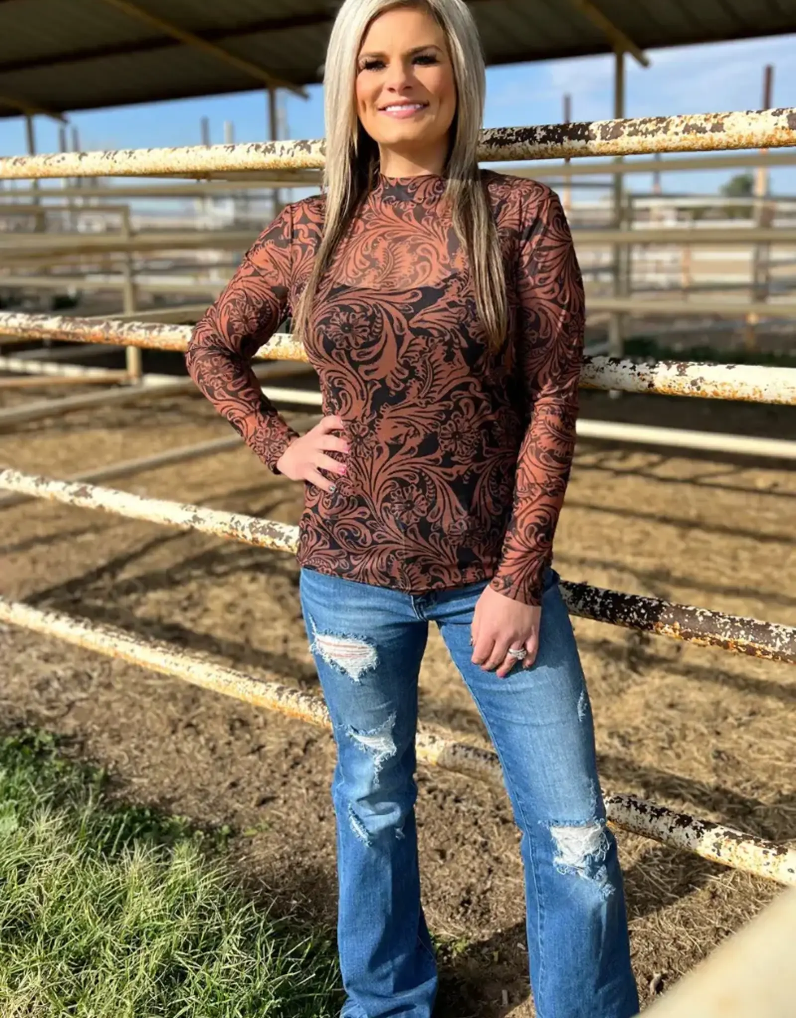 Womens Country Road Leather Long Sleeve Mesh Shirt