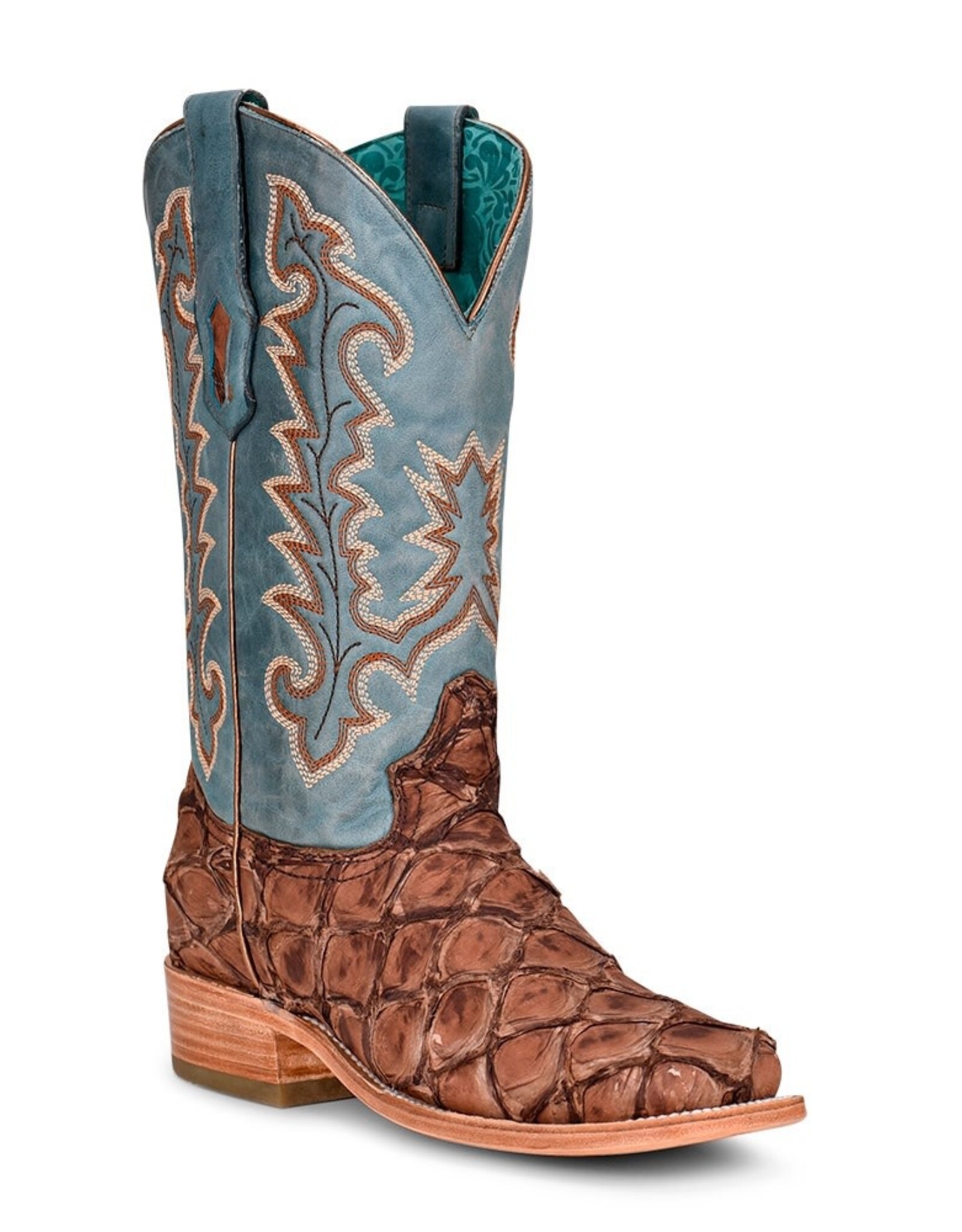 Womens Corral Brown Blue Pirarucu Exotic Embroidered Western Square Toe Cowboy Boot