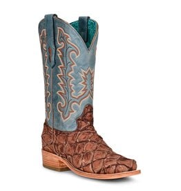 Womens Corral Brown Blue Pirarucu Exotic Embroidered Western Square Toe Cowboy Boot