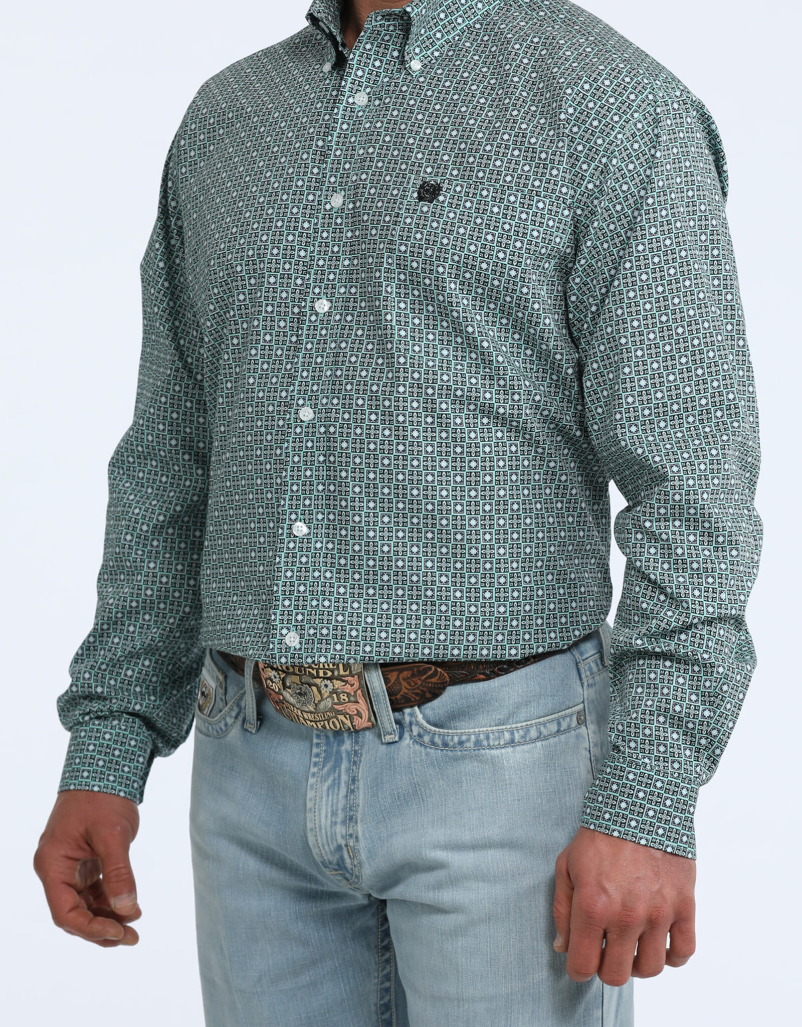 Cinch Mens Classic Cinch Green Square Print Long Sleeve Western Button Shirt