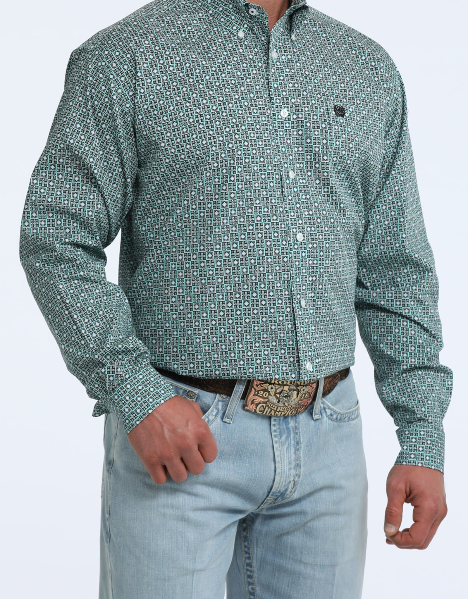 Cinch Mens Classic Cinch Green Square Print Long Sleeve Western Button Shirt
