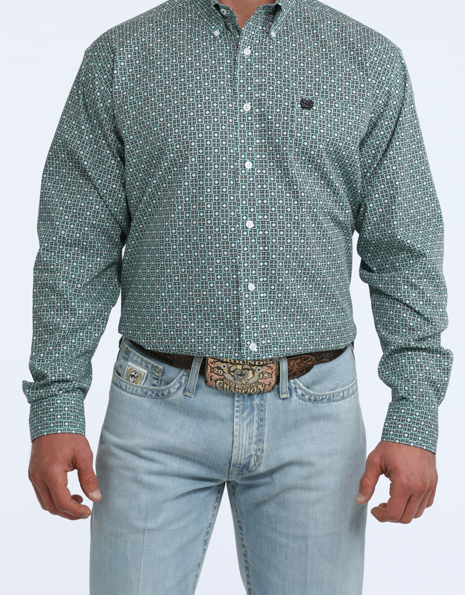 Cinch Mens Classic Cinch Green Square Print Long Sleeve Western Button Shirt