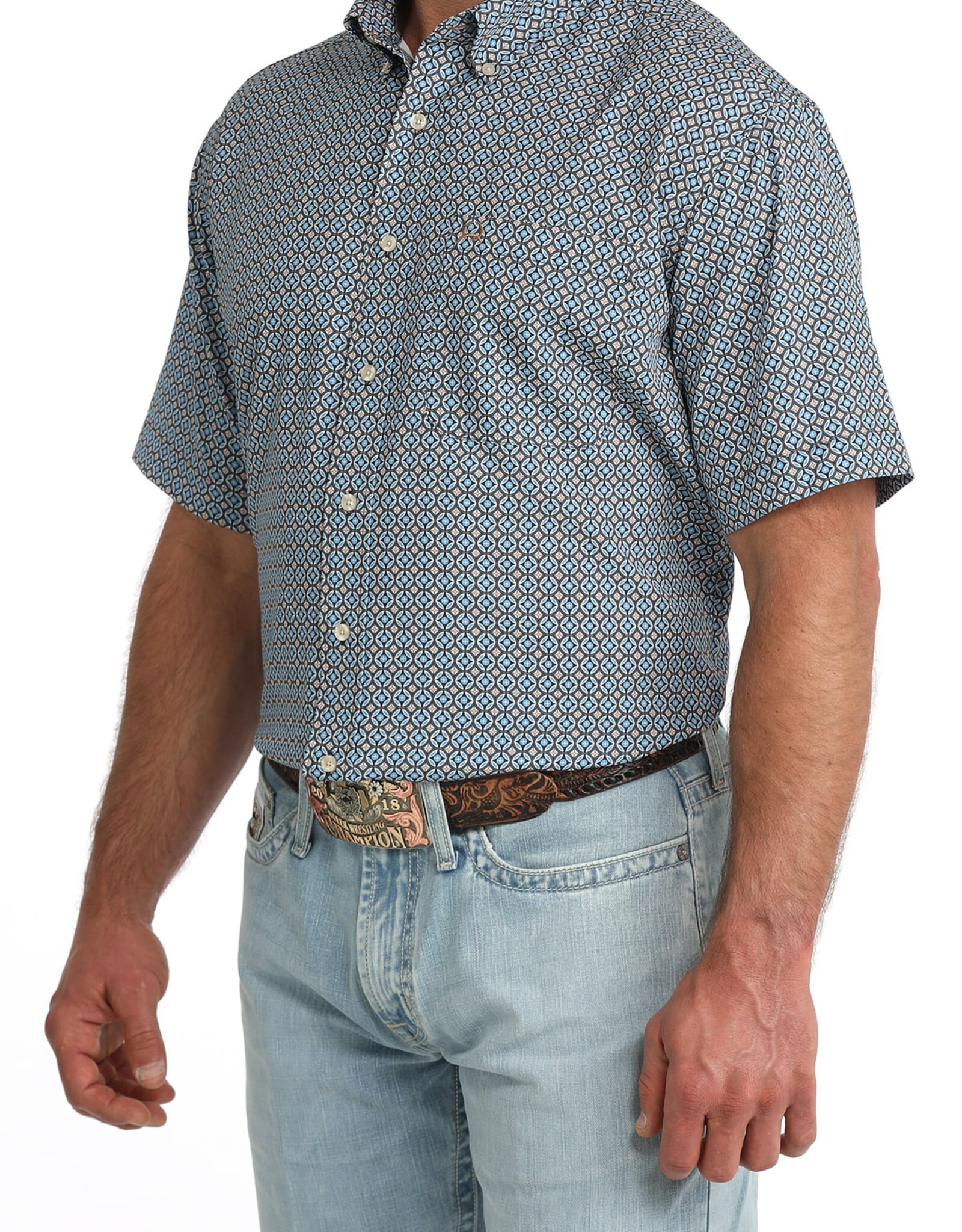 Cinch Mens Cinch Light Blue Geo Print Short Sleeve Arena Flex Western Button Shirt