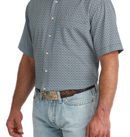 Cinch Mens Cinch Light Blue Geo Print Short Sleeve Arena Flex Western Button Shirt