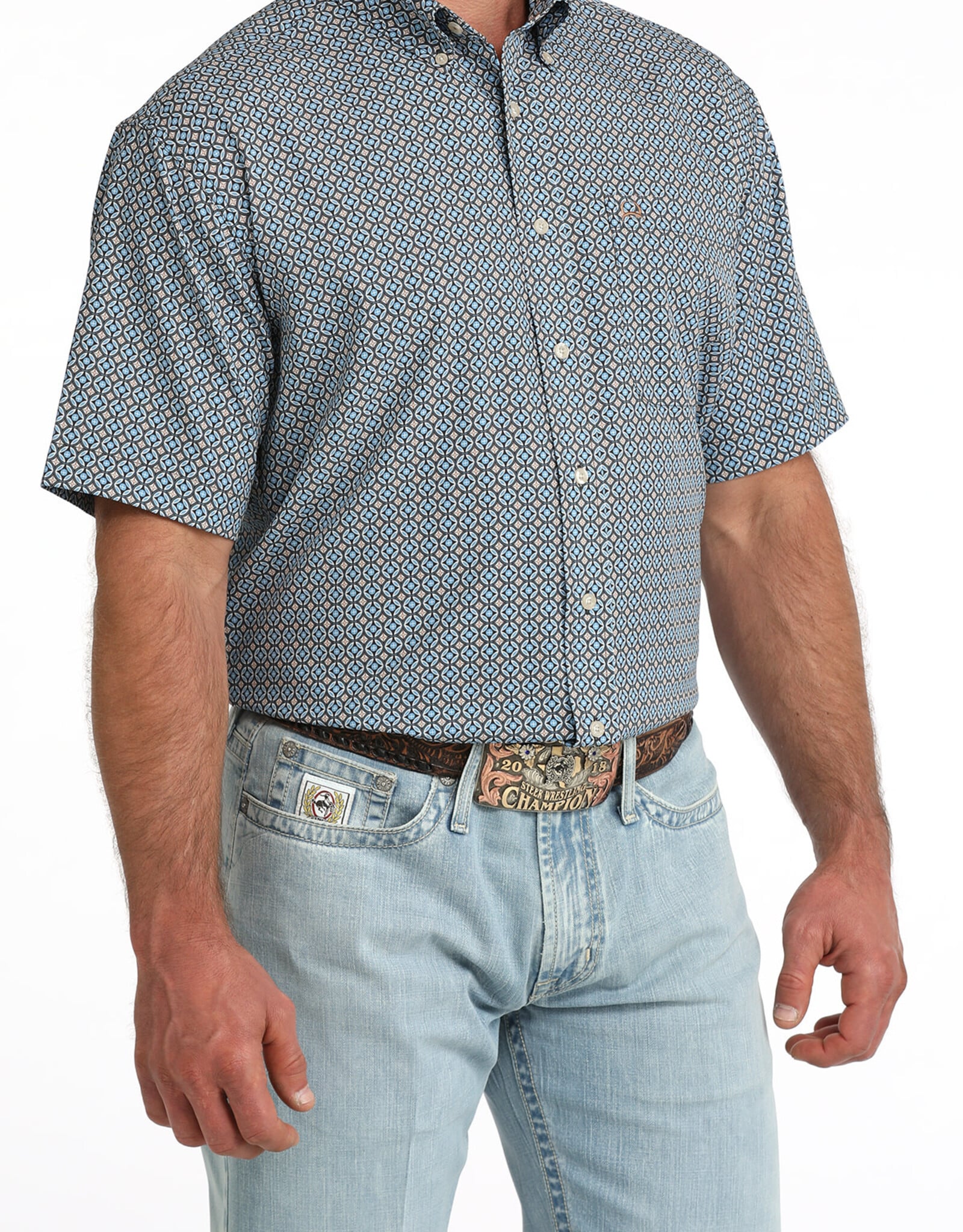 Cinch Mens Cinch Light Blue Geo Print Short Sleeve Arena Flex Western Button Shirt