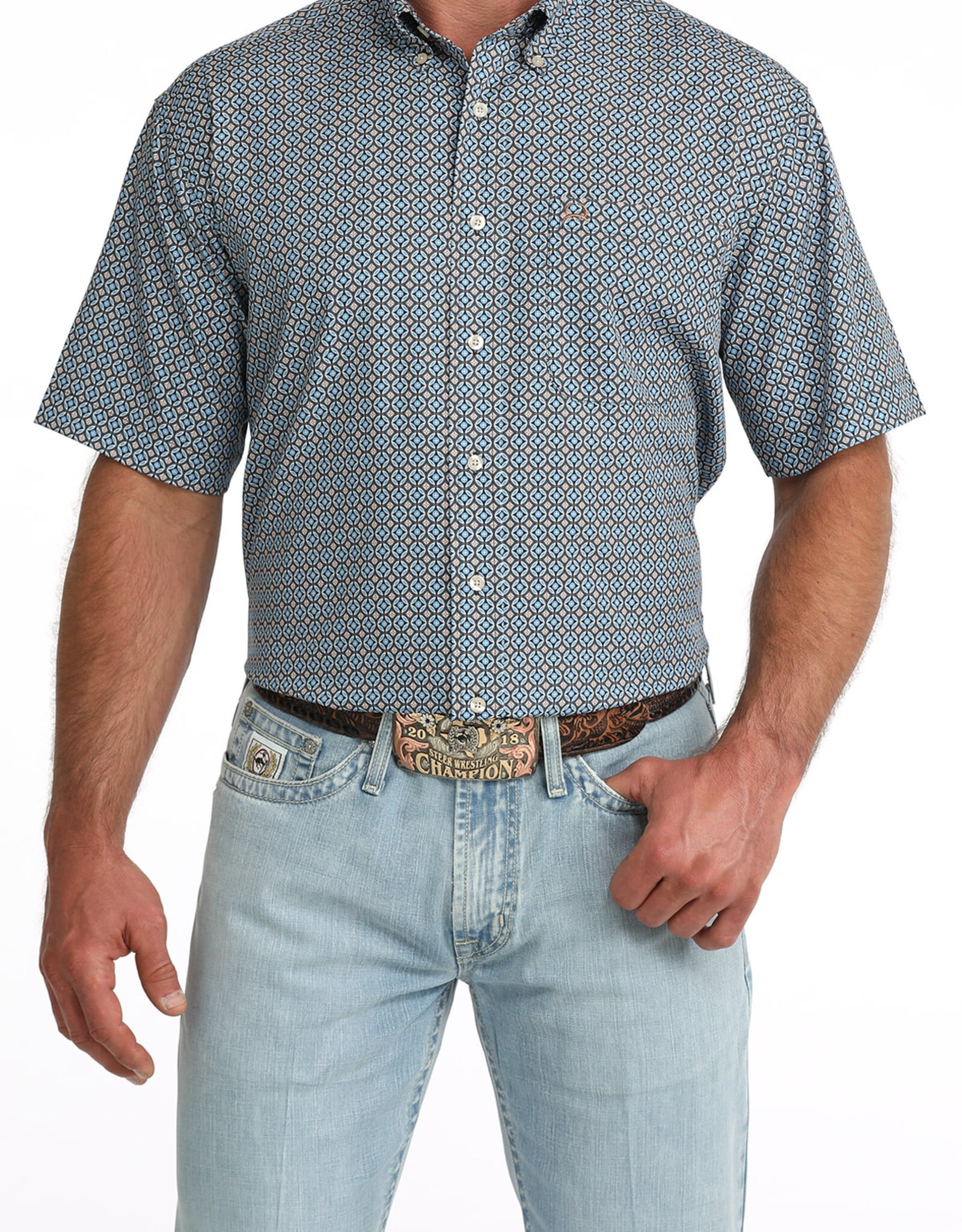 Cinch Mens Cinch Light Blue Geo Print Short Sleeve Arena Flex Western Button Shirt