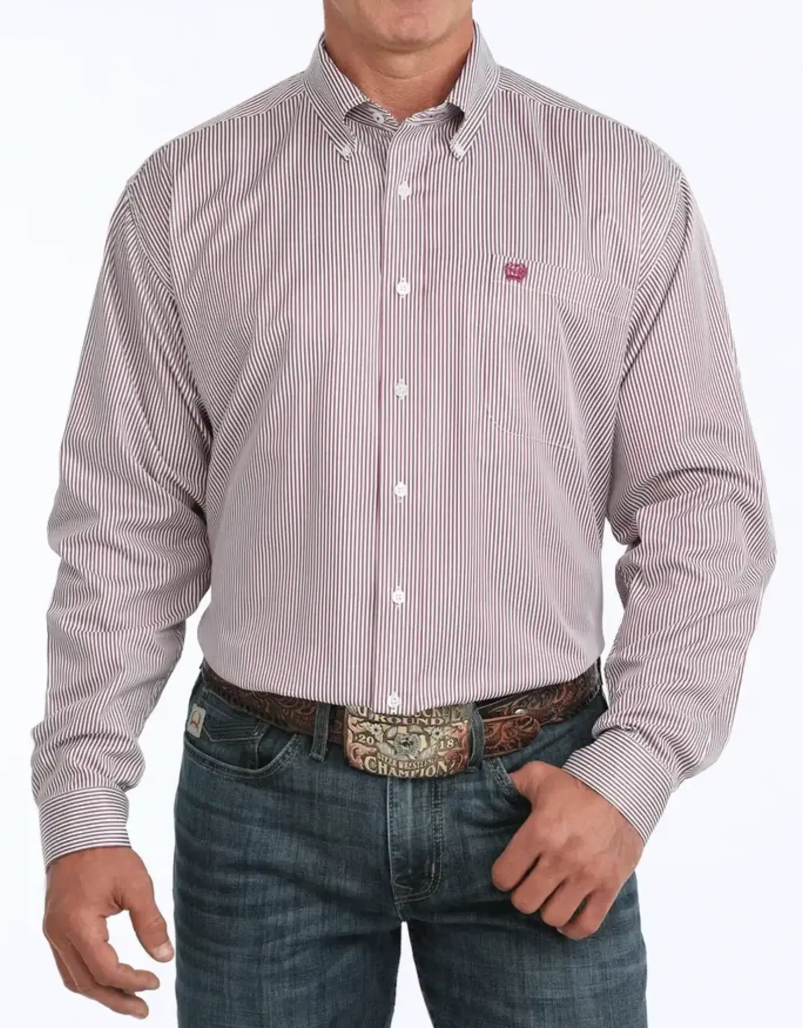Cinch Mens Cinch Long Sleeve Burgundy Stripe Tencel Button Western Arena Shirt