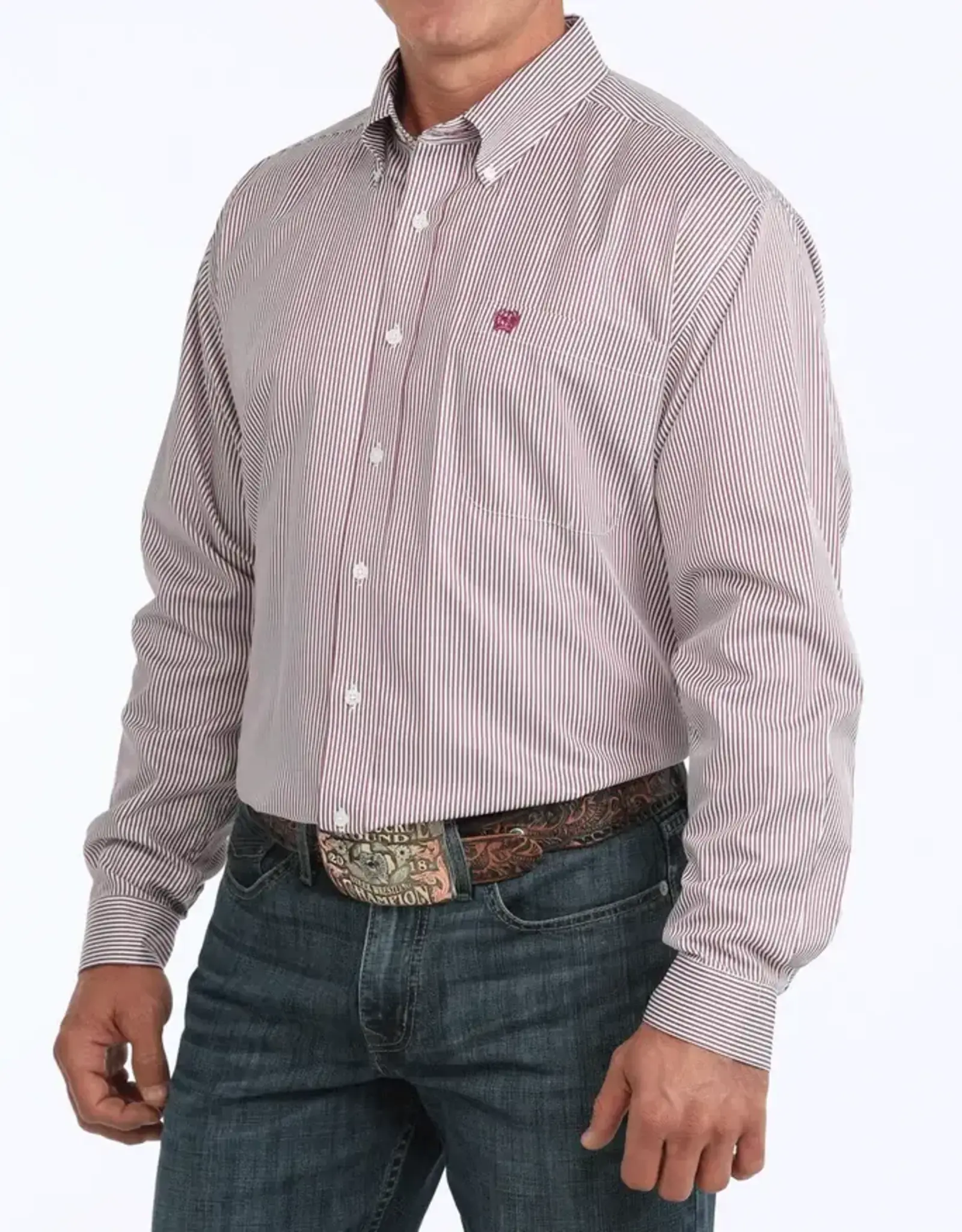 Cinch Mens Cinch Long Sleeve Burgundy Stripe Tencel Button Western Arena Shirt