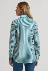 Womens Wrangler Performance Green Stipe Long Sleeve Button Western Shirt
