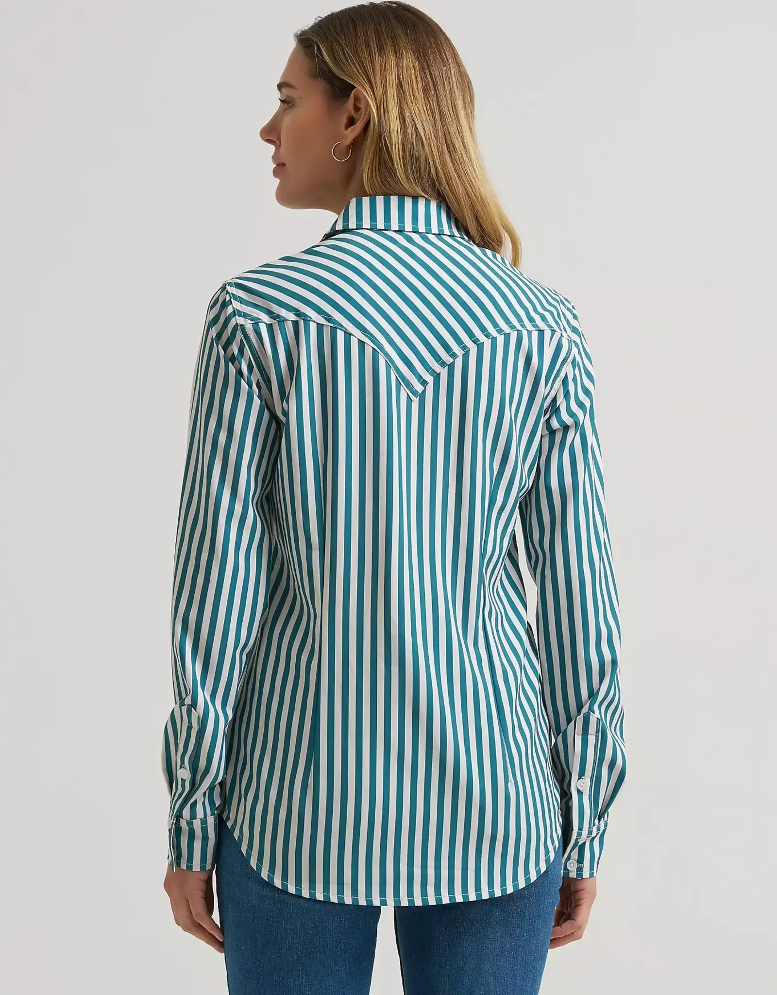 Womens Wrangler Performance Green Stipe Long Sleeve Button Western Shirt