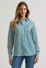 Womens Wrangler Performance Green Stipe Long Sleeve Button Western Shirt