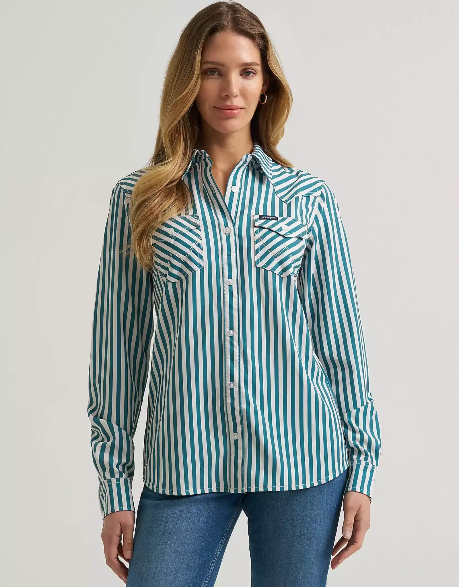 Womens Wrangler Performance Green Stipe Long Sleeve Button Western Shirt