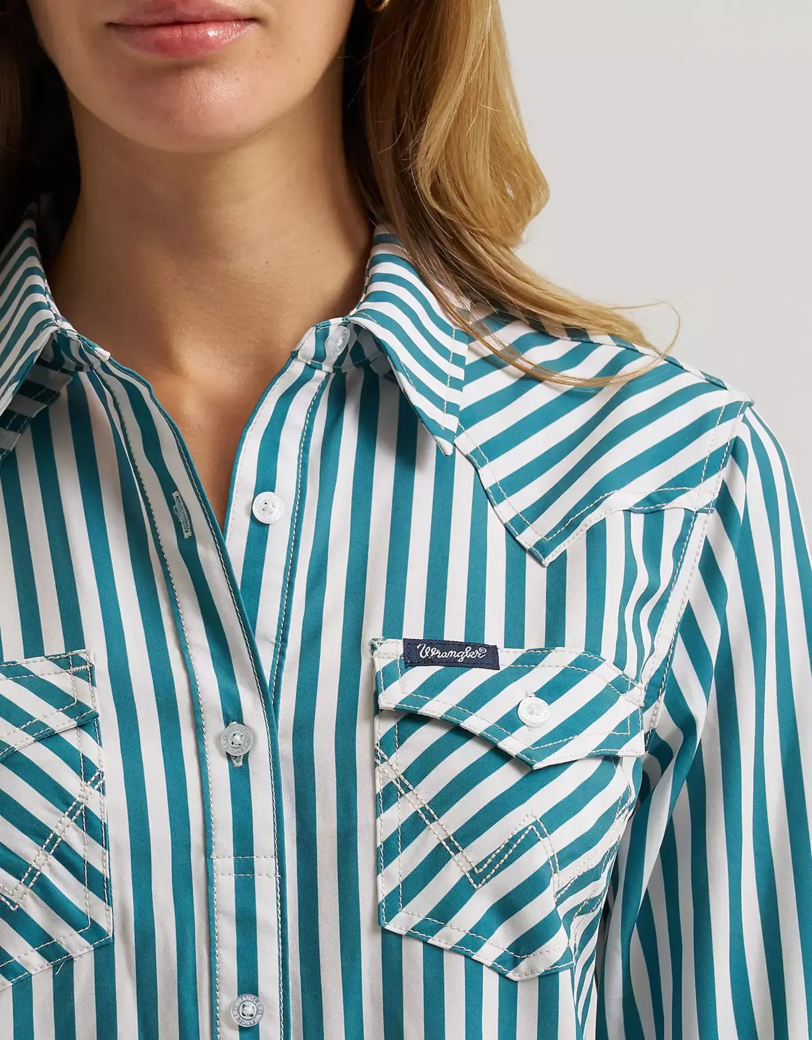 Womens Wrangler Performance Green Stipe Long Sleeve Button Western Shirt