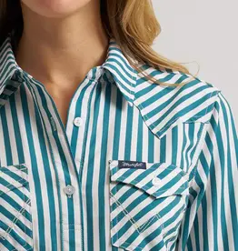 Womens Wrangler Performance Green Stipe Long Sleeve Button Western Shirt